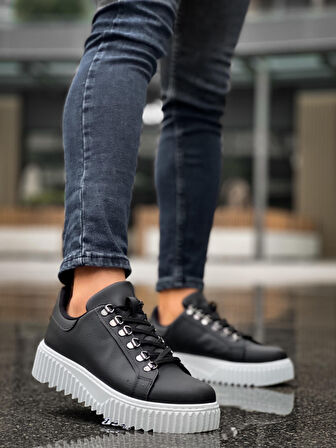 Pabucmarketi Bağcıklı Erkek Günlük Ayakkabı SİYAH (BEYAZ TABAN)