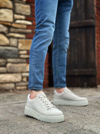 Pabucmarketi Bağcıklı Erkek Günlük Ayakkabı GRİ (BEYAZ TABAN)