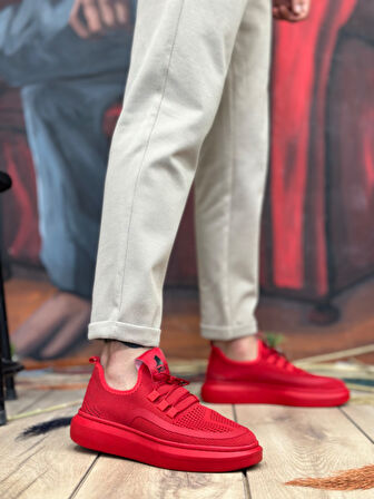 Pabucmarketi Bağcık Detaylı Triko Erkek Spor Ayakkabı KIRMIZI (BEYAZ TABAN)