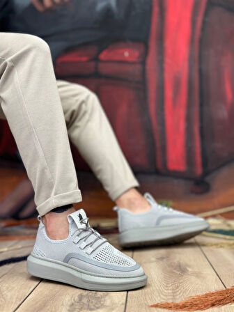 Pabucmarketi Bağcık Detaylı Triko Erkek Spor Ayakkabı GRİ (BEYAZ TABAN)