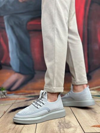 Pabucmarketi Bağcık Detaylı Triko Erkek Spor Ayakkabı GRİ (BEYAZ TABAN)