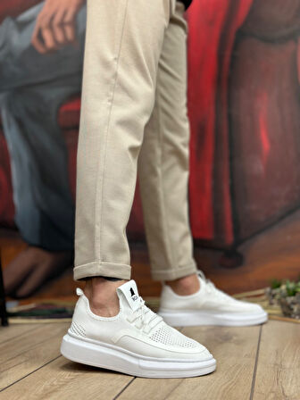 Pabucmarketi Bağcık Detaylı Triko Erkek Spor Ayakkabı BEYAZ (BEYAZ TABAN)