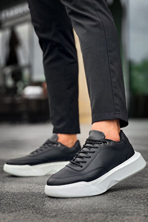 Pabucmarketi Bağcıklı Erkek Spor Ayakkabı SİYAH (BEYAZ TABAN)