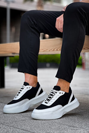 Pabucmarketi Bağcıklı Erkek Spor Ayakkabı SİYAH BEYAZ (BEYAZ TABAN)