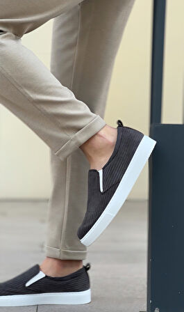 Pabucmarketi Bağcıksız Kadife Erkek Günlük Ayakkabı GRİ (BEYAZ TABAN)