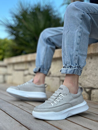 Pabucmarketi Bağcıklı Erkek Spor Ayakkabı GRİ SÜET (BEYAZ TABAN)