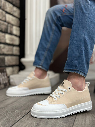 Pabucmarketi Bağcıklı Erkek Spor Ayakkabı KREM (BEYAZ TABAN)