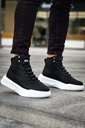 Pabucmarketi Bağcıklı Erkek Spor Bot SİYAH (BEYAZ TABAN) 