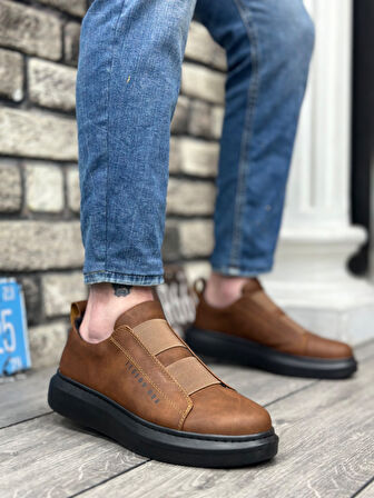 Pabucmarketi Bağcıksız Çift Bant Erkek Ayakkabı TABA (SİYAH TABAN)