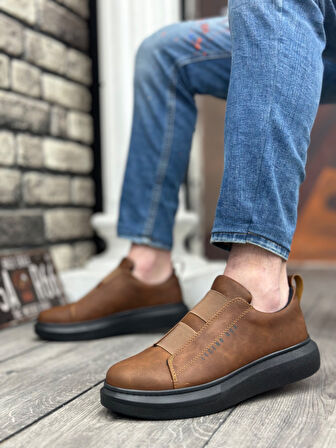 Pabucmarketi Bağcıksız Çift Bant Erkek Ayakkabı TABA (SİYAH TABAN)