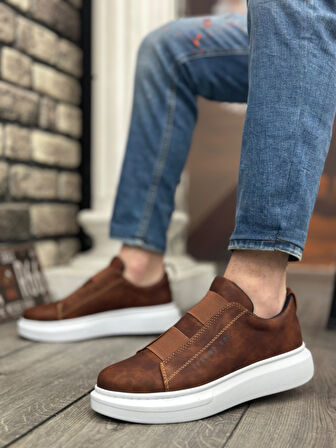 Pabucmarketi Bağcıksız Çift Bant Erkek Ayakkabı TABA (BEYAZ TABAN)