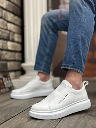 Pabucmarketi Bağcıksız Çift Bant Erkek Ayakkabı BEYAZ (BEYAZ TABAN)