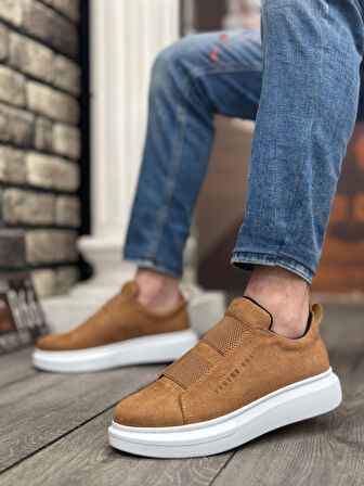 Pabucmarketi Bağcıksız Çift Bant Erkek Ayakkabı TABA (BEYAZ TABAN)