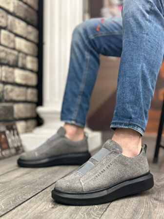 Pabucmarketi Bağcıksız Çift Bant Erkek Ayakkabı GRİ (SİYAH TABAN)