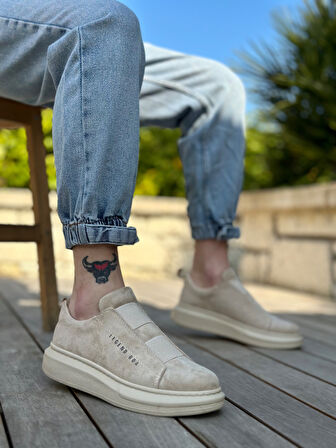 Pabucmarketi Bağcıksız Çift Bant Erkek Ayakkabı BEJ (BEJ TABAN)