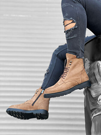 Pabucmarketi Fermuarlı Bağcık Detaylı İçi Dışı Hakiki Deri Erkek Bot TABA NUBUK