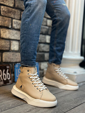 Pabucmarketi Bağcıklı Erkek Spor Bot KREM (BEYAZ TABAN)