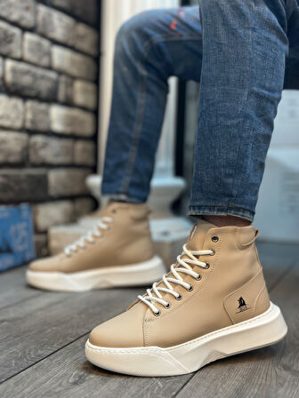 Pabucmarketi Bağcıklı Erkek Spor Bot KREM (BEYAZ TABAN)