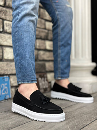 Pabucmarketi Bağcıksız Püsküllü Erkek Ayakkabı SİYAH SÜET (BEYAZ TABAN)