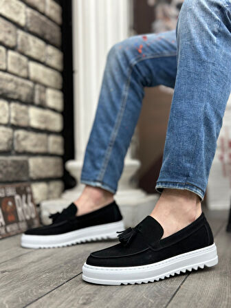 Pabucmarketi Bağcıksız Püsküllü Erkek Ayakkabı SİYAH SÜET (BEYAZ TABAN)