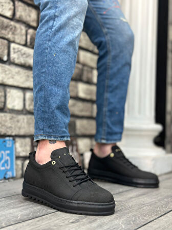 Pabucmarketi Bağcıklı Keten Erkek Ayakkabı SİYAH (SİYAH TABAN)