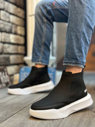 Pabucmarketi Lastikli Erkek Spor Bot SİYAH (BEYAZ TABAN)