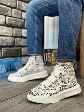 Pabucmarketi Bantlı Fermuarlı Erkek Spor Bot BEYAZ BASKILI (BEYAZ TABAN)