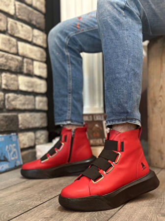 Pabucmarketi Bantlı Fermuarlı Erkek Spor Bot KIRMIZI (SİYAH TABAN)