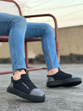 Pabucmarketi Bağcıklı Ekose Detaylı Erkek Spor Ayakkabı SİYAH SÜET (SİYAH TABAN)