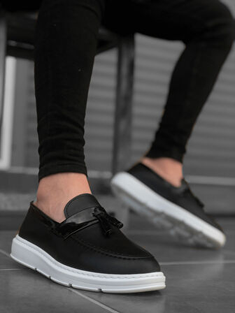 Pabucmarketi Bağcıksız Püsküllü Erkek Ayakkabı SİYAH (BEYAZ TABAN)