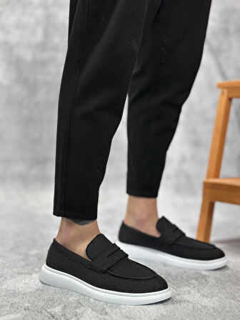 Pabucmarketi Bağcıksız Keten Erkek Ayakkabı SİYAH