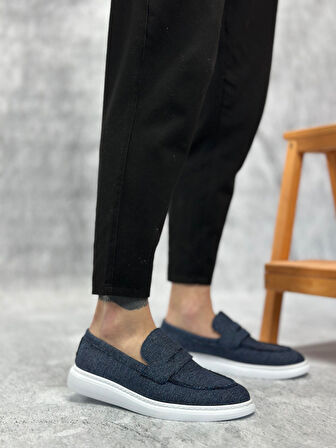 Pabucmarketi Bağcıksız Keten Erkek Ayakkabı LACİVERT