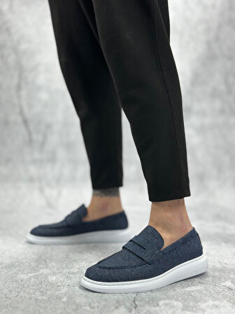 Pabucmarketi Bağcıksız Keten Erkek Ayakkabı LACİVERT
