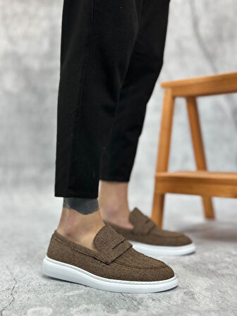 Pabucmarketi Bağcıksız Keten Erkek Ayakkabı KAHVE