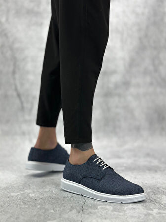 Pabucmarketi Bağcıklı Keten Casual Erkek Ayakkabı LACİVERT (BEYAZ TABAN)