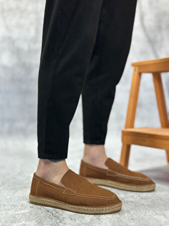 Pabucmarketi Bağcıksız Doğal Deri Tozu Kauçuk El Yapımı Espadril Erkek Ayakkabı TABA