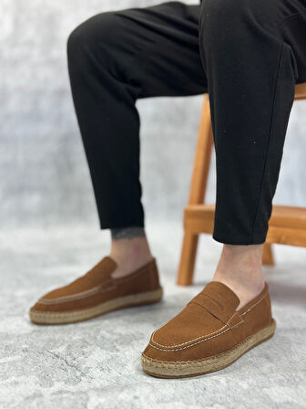 Pabucmarketi Bağcıksız Doğal Deri Tozu Kauçuk El Yapımı Espadril Erkek Ayakkabı TABA