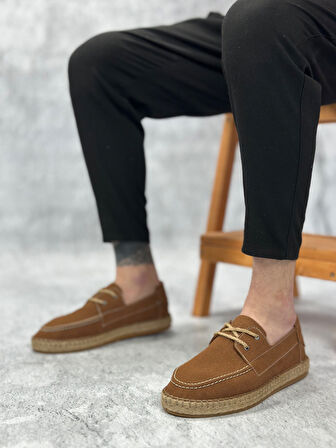 Pabucmarketi Bağcık Detaylı Doğal Deri Tozu Kauçuk El Yapımı Espadril Erkek Ayakkabı TABA