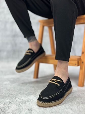 Pabucmarketi Bağcık Detaylı Doğal Deri Tozu Kauçuk El Yapımı Espadril Erkek Ayakkabı SİYAH