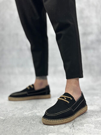 Pabucmarketi Bağcık Detaylı Doğal Deri Tozu Kauçuk El Yapımı Espadril Erkek Ayakkabı SİYAH