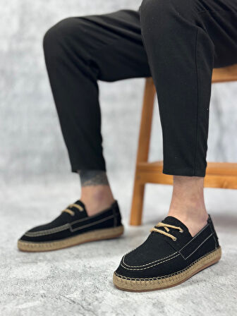 Pabucmarketi Bağcık Detaylı Doğal Deri Tozu Kauçuk El Yapımı Espadril Erkek Ayakkabı SİYAH