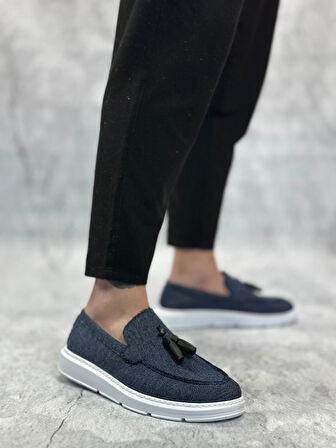 Pabucmarketi Bağcıksız Keten Püsküllü Erkek Ayakkabı LACİVERT (BEYAZ TABAN)