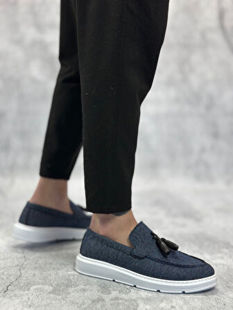Pabucmarketi Bağcıksız Keten Püsküllü Erkek Ayakkabı LACİVERT (BEYAZ TABAN)