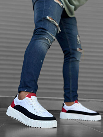 Pabucmarketi Bağcıklı Paraşüt Kumaş Erkek Spor Ayakkabı BEYAZ SİYAH KIRMIZI (BEYAZ TABAN)