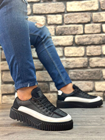 Pabucmarketi Bağcıklı Paraşüt Kumaş Erkek Spor Ayakkabı SİYAH BEYAZ (SİYAH TABAN)