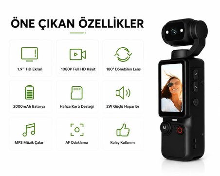 Blc Mini Wifi Vlog Kamera Akıllı Cep Kamerası 180° Dönebilen Lens 1080P Full Hd Kamera 1.9'' Ekran MP3 Çalar 2000mAh Batarya Taşınabilir Klipsli Mini Video Aksiyon Kamera