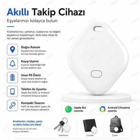 Dxtel DX-500 Akıllı Takip Cihazı Apple Find My Uyumlu Bluetooth Konum Bulucu Anahtarlık Çanta Cüzdan Valiz Evcil Hayvan Takip Cihazı