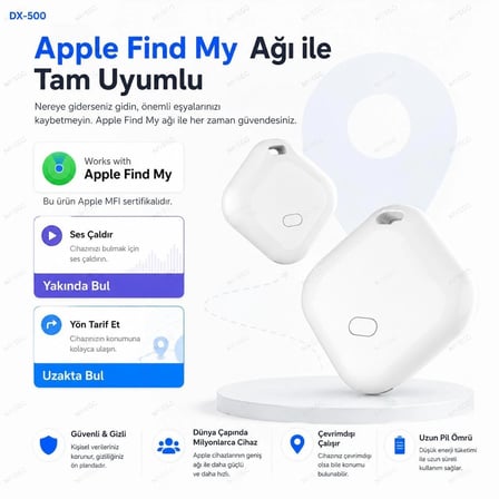 Dxtel DX-500 Akıllı Takip Cihazı Apple Find My Uyumlu Bluetooth Konum Bulucu Anahtarlık Çanta Cüzdan Valiz Evcil Hayvan Takip Cihazı