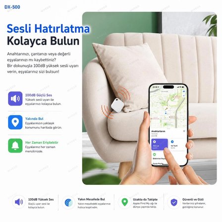 Dxtel DX-500 Akıllı Takip Cihazı Apple Find My Uyumlu Bluetooth Konum Bulucu Anahtarlık Çanta Cüzdan Valiz Evcil Hayvan Takip Cihazı
