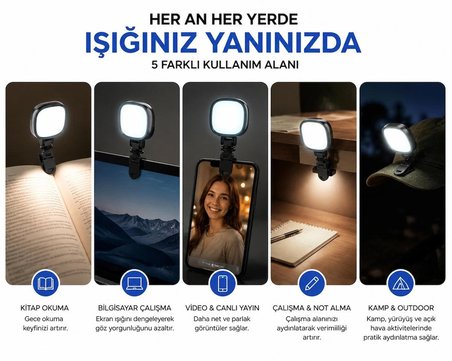 Blc RGB Klipsli LED Işık 1200mAh Bataryalı Type-C Şarjlı Selfie Video Çekim Telefon Laptop Monitör Kitap Okuma Lambası 360° Dönebilen